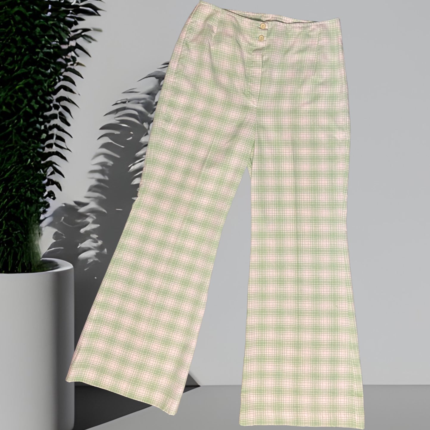 Caravelle Mint Green Plaid 70's Flared Pants Size 12